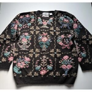 Vintage Signatures By Northern Isles Women's Floral Sweater L Ramie Cotton Blend